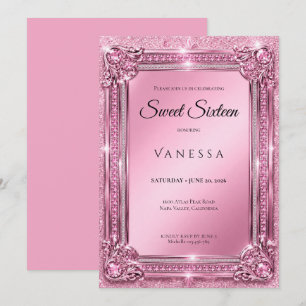 Convites Luxuoso Rosa Brilhantes Cristais Sweet 16