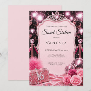 Convites Luxuoso Rosa Brilhantes Cristais Sweet 16