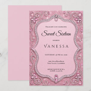 Convites Luxuoso Rosa Brilhantes Cristais Sweet 16