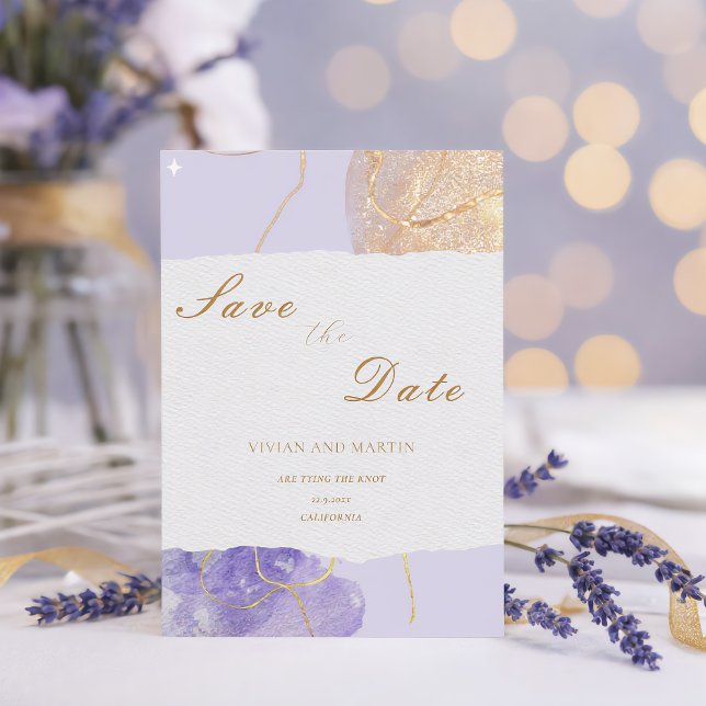 Convites Luxuoso Roxo & Abstrato Dourado Salve a Data (Criador carregado)