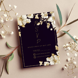 Convites Luxuoso RSVP floral em roxo escuro e dourado branc