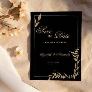 Convites Luxuoso Save the Date de folhagem preta e dourada