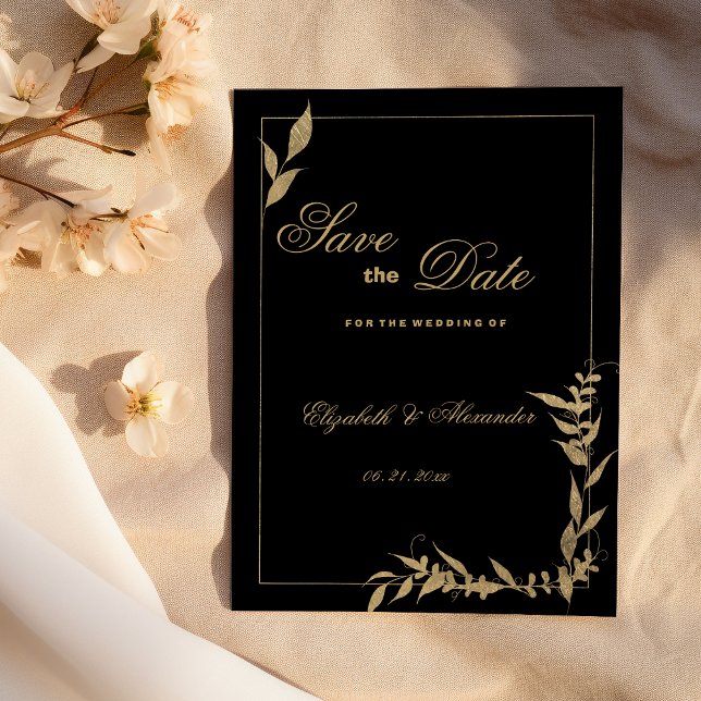 Convites Luxuoso Save the Date de folhagem preta e dourada (Luxury black and gold foliage Save the Date)
