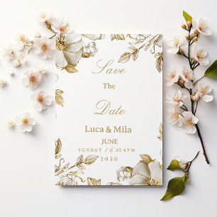 Convites Luxuoso Save the Date floral branco e dourado