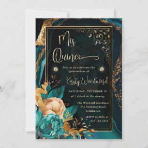 Convites Luxuoso Teal e Floral Dourado Agata Quinceanera