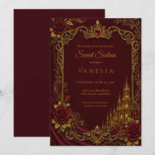 Convites Luxuoso Vermelho & Dourado Princesa Sweet 16