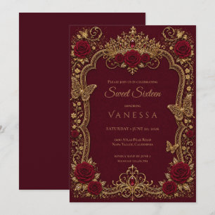 Convites Luxuoso Vermelho & Dourado Princesa Sweet 16