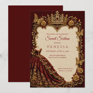 Convites Luxuoso Vermelho & Dourado Princesa Sweet 16