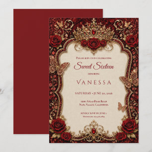 Convites Luxuoso Vermelho & Dourado Princesa Sweet 16