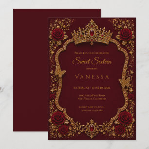 Convites Luxuoso Vermelho & Dourado Princesa Sweet 16