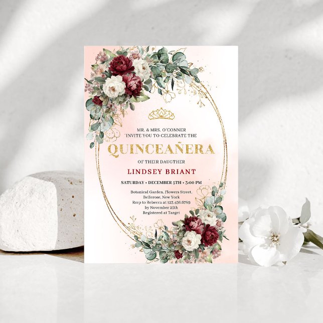 Convites Luxuosos Boêmios de Peônias Borgonha para (Luxe Bohemian Burgundy Peonies Quinceañera Invitations)