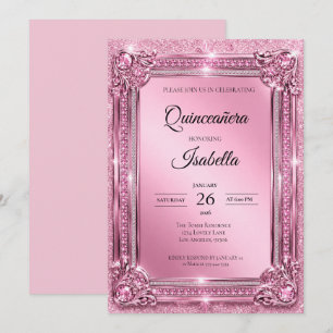 Convites Luxuosos Rhinestones Brilho Rosa Quinceañera