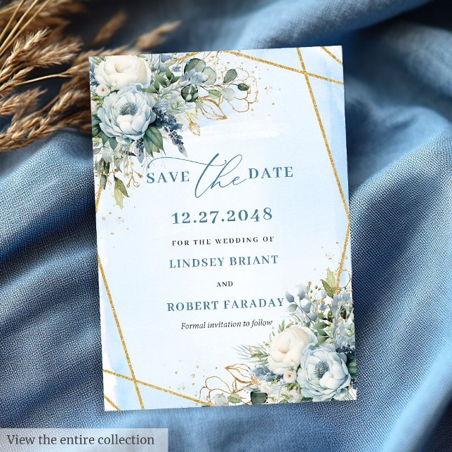 Convites Luxúria Azul, Dourada Branca, Salva a Data (Luxurious Pastel Blue White Gold Flowers Save The Date)