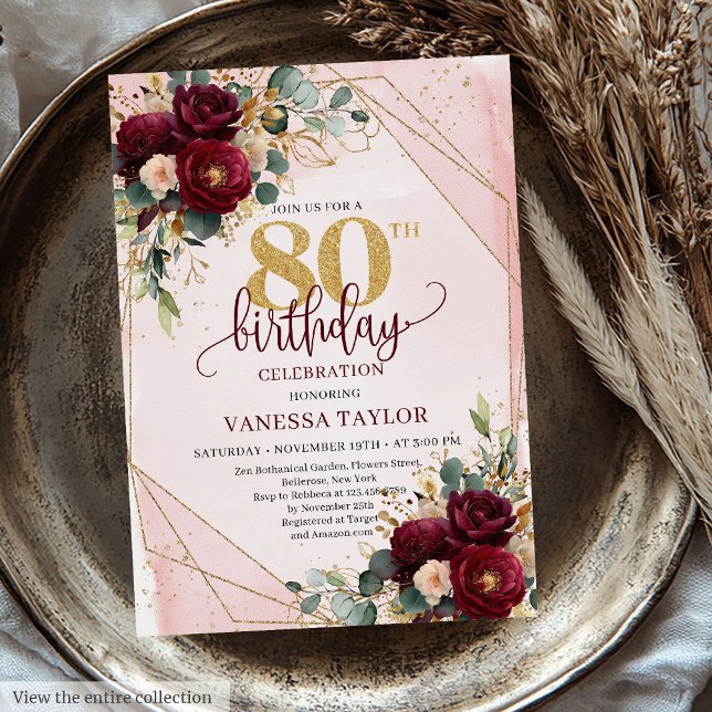 Convites Luxúria Vermelha Escuro Blush Rosas Dourados Anive (Luxury Dark Red Blush Gold Roses 80th Birthday Invitation)