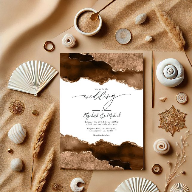 Convites Luxurioso Brown & Dourado Agate Weding Código QR R (Luxurious Brown & Gold Agate Wedding QR Code Rsvp Invitation)