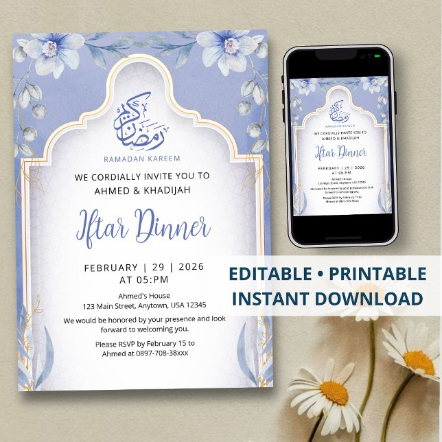 Convites Luxurious Blue and Gold Floral Iftar Dinner (Criador carregado)