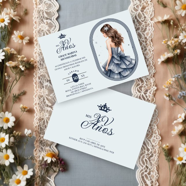 Convites Luxurious Blue Oval Frame Charming Quinceañera  (Spanish Luxurious Blue Oval Frame Charming Quinceañera Doll Illustration in Blue Shades Invitation.)