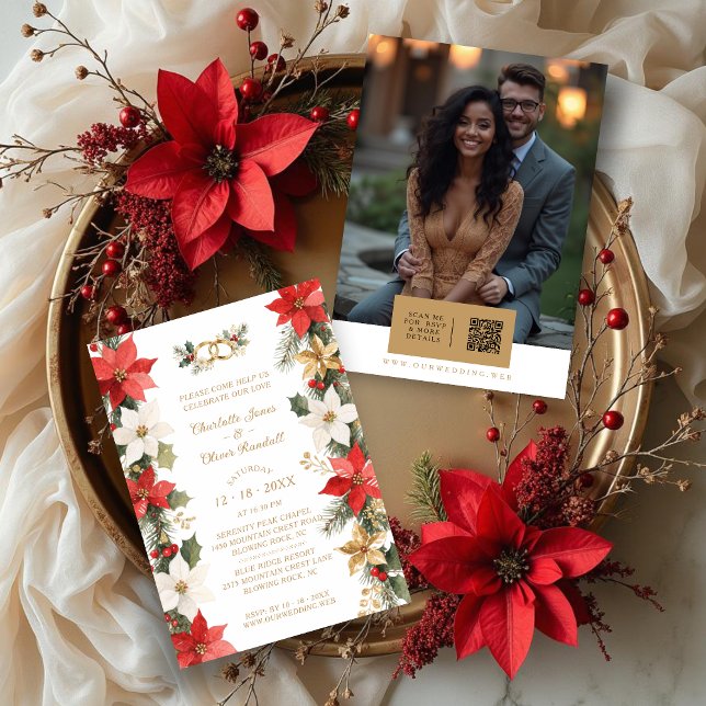 Convites Luxurious Colorful Christmas Botanical & Floral (Luxurious Colorful Christmas Botanical and Floral Frame Wedding Invitations Cards with Back QR.)