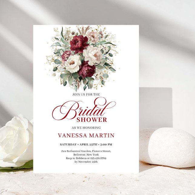 Convites Luxurious Deep Red Gold Bridal Shower Invitation (Luxurious Deep Red Gold Bridal Shower Invitation)