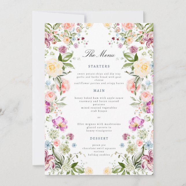 Convites Luxurious Garden Floral Wedding Menu Card (Frente)