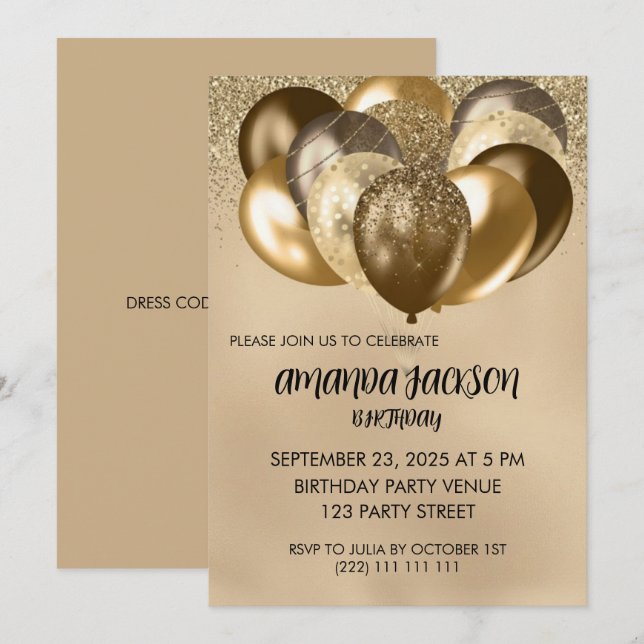 Convites Luxurious Gold Balloons General Birthday Invite (Frente/Verso)