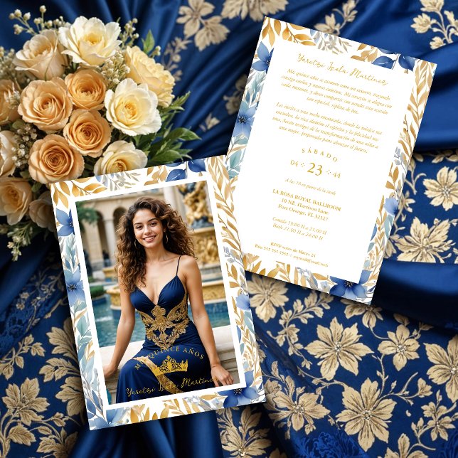 Convites Luxurious Navy Blue & Gold Exquisite Tiara XV's (Luxurious Navy Blue & Gold Exquisite Tiara Crown Quinceañera Photo Invitations Cards with Botanical )