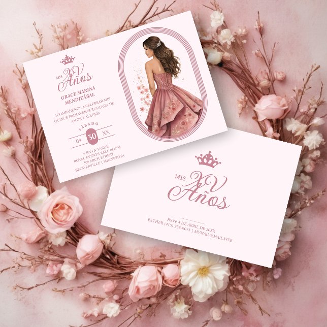 Convites Luxurious Pink Oval Frame Charming Quinceañera (Spanish Luxurious Pink Oval Frame Charming Quinceañera Doll Illustration in Pink Shades Invitation.)