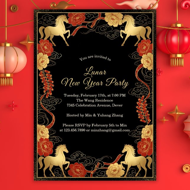 Convites Luxurious Year of the Horse 2026 Lunar New Year (Black and Gold Chinoiserie Lunar New Year 2026 Party Invitation)