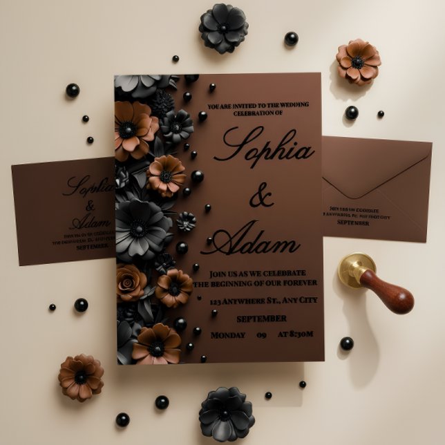 Convites Luxury 3D Floral Bronze & Black Wedding Invitation (Criador carregado)