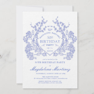Convites LUXURY 50º Aniversário Vintage Blue Floral Crest