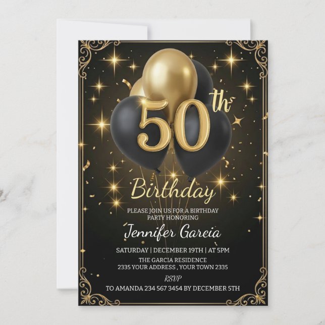 Convites Luxury 50th Birthday Black Gold Balloon Glitter (Frente)