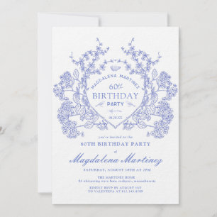 Convites LUXURY 60º Aniversário Vintage Blue Floral Crest