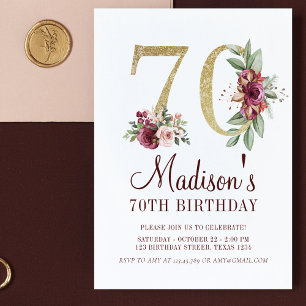 Convites Luxury 70 Birthday Burgundy Dourado Floral