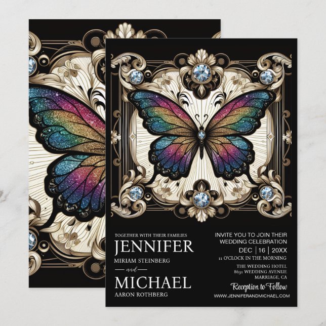 Convites Luxury Art Deco Rainbow Butterfly Wedding  (Frente/Verso)