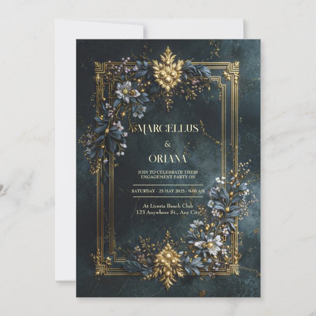 Convites Luxury Baroque Gold Frame Dark Teal Floral Wedding (Frente)
