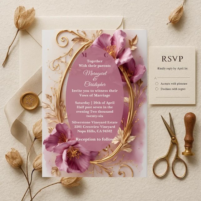 Convites Luxury Baroque Opulent Mulberry Tulip Gold Wedding (Luxury Baroque Opulent Mulberry Tulip Gold Wedding Invitation)