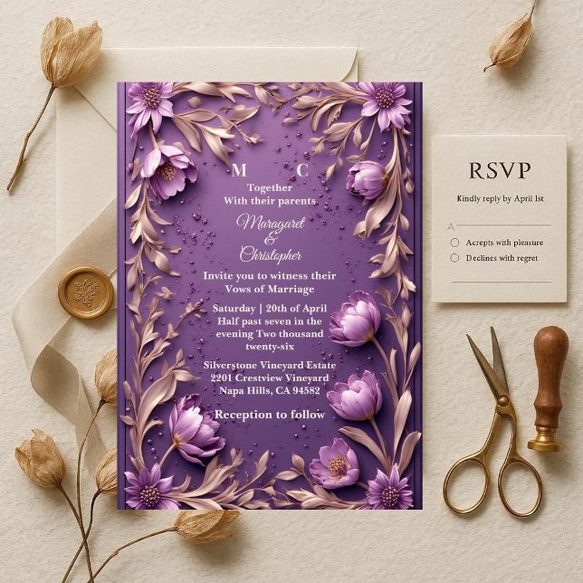 Convites Luxury Baroque Opulent Purple Tulips Gold Wedding  (Luxury Baroque Opulent Purple Tulips Gold Wedding Invitation)