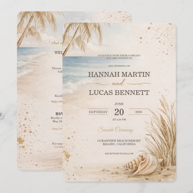 Convites Luxury Beach Wedding Invitation Template (Frente/Verso)