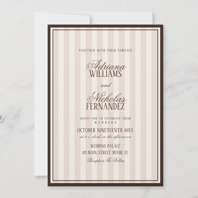 Convites Luxury Beige Espresso Stripes Wedding (Frente)