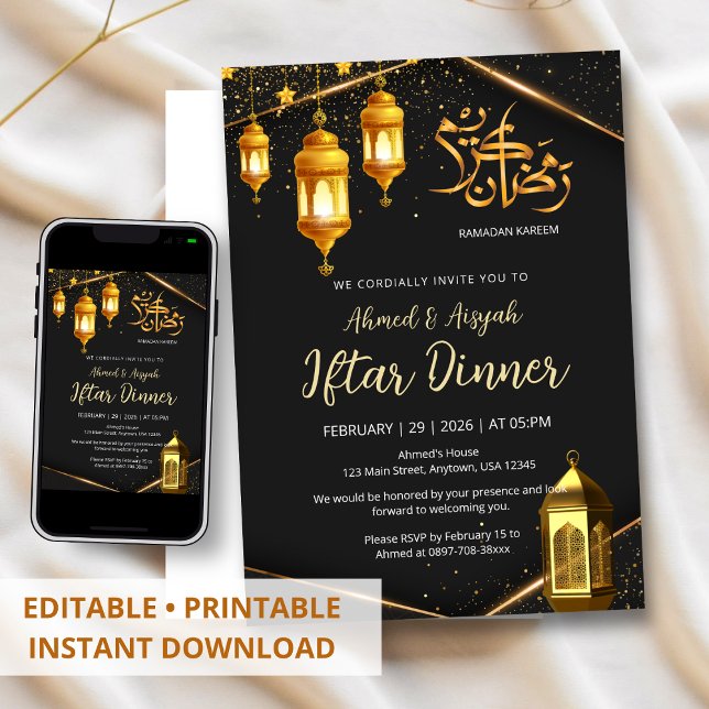 Convites Luxury Black and Gold Lantern Iftar Dinner (Criador carregado)