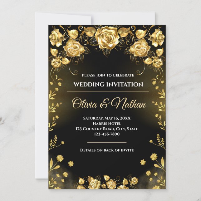 Convites Luxury Black and Gold Wedding Invitation (Frente)