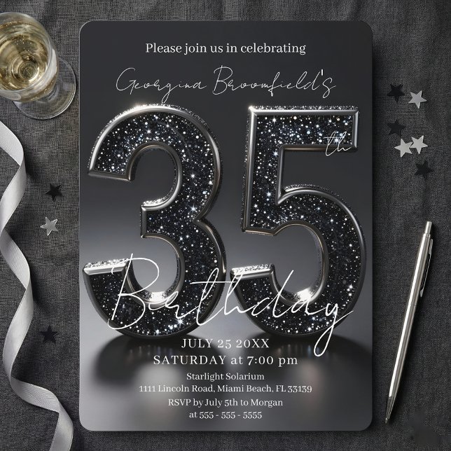 Convites Luxury Black Glitter Silver Sparkle 35th Birthday (Criador carregado)