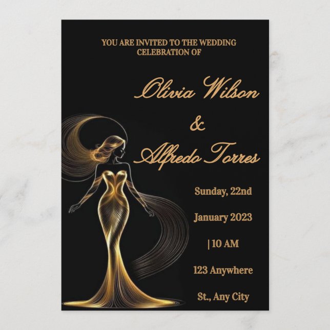 Convites Luxury Black & Gold Elegant Wedding Invitation (Frente)