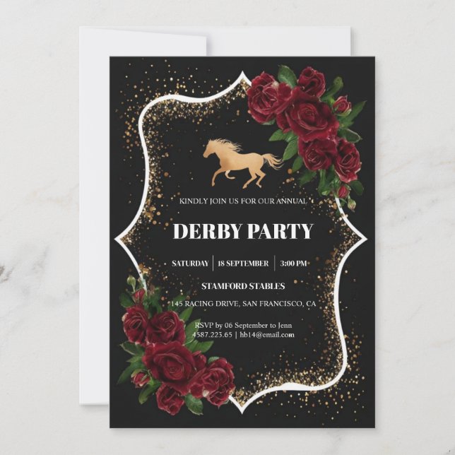 Convites Luxury Black & Gold Glitter Kentucky Derby Invitat (Frente)