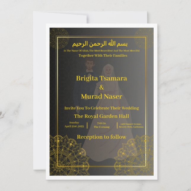 Convites Luxury Black & Gold Muslim Wedding Invite (Frente)