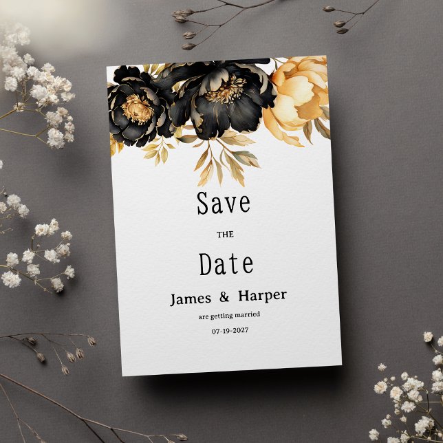 Convites Luxury black ivory gold peony floral Save the Date (Luxury black ivory gold peony floral Save the Date)