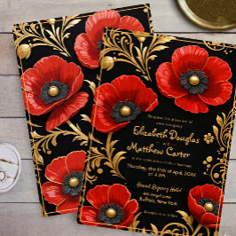 Convites Luxury Black Red and Gold Floral Wedding 