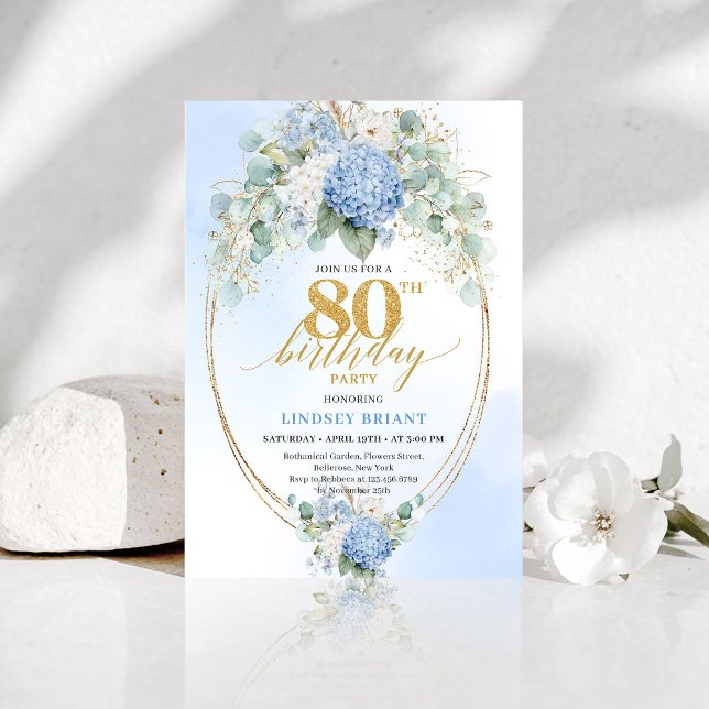 Convites Luxury Blue Floral Eucalyptus 80th Birthday Invite (Luxury Blue Floral Eucalyptus 80th Birthday Invite)