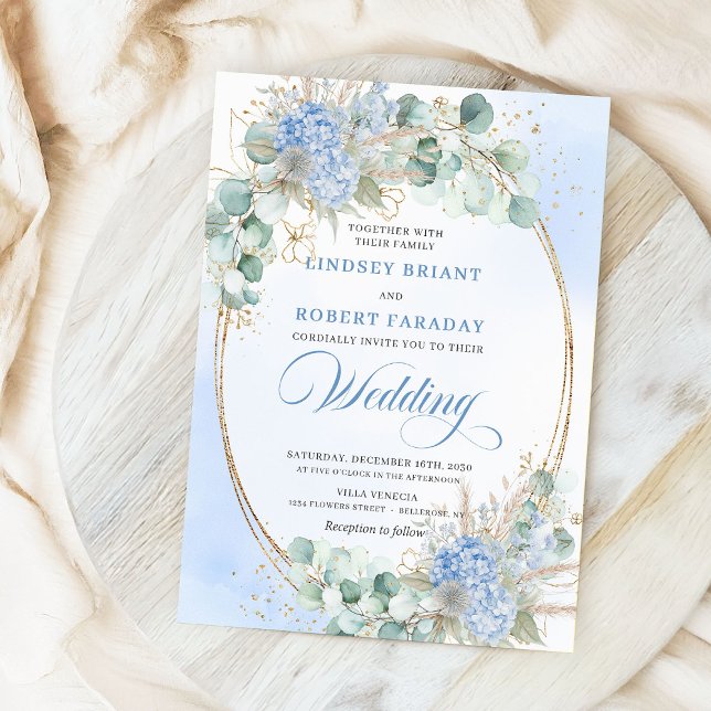 Convites Luxury Blue Floral Wheat Gold Oval Wedding Invites (Luxury Blue Floral Wheat Gold Oval Wedding Invitation)