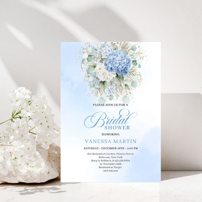 Convites Luxury Blue Hydrangea Bridal Shower Gold Invitatio (Luxury Blue Hydrangea Bridal Shower Gold Invitation)
